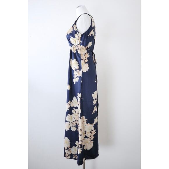 Shun Da Chinese 100% Silk Floral Printed Midi Dress Navy Blue Cream - Picture 5 of 12